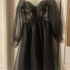 Black Lace Tulle Midi Dress